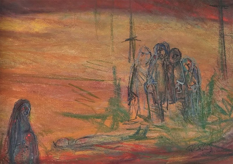 Standing over the Dead Painting by Israeli Artist Ednah Schwartz