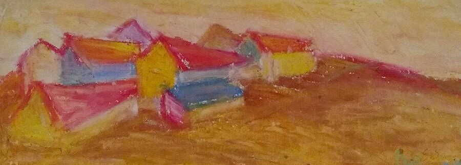 Crayon Drawing Of A Small Village by Israeli Artist Ednah Schwartz