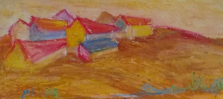 Crayon Drawing Of A Small Village by Israeli Artist Ednah Schwartz