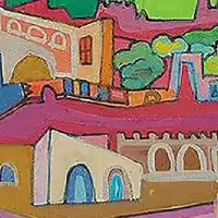 Painting of A Happy Druze Village in Israel by Israeli Artist Ednah Sarah Schwartz