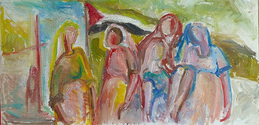 A group of Palestinian women and thought to myself Mothers on both sides of the fence love their children painting by Jewish Israeli Artist Ednah Schwartz