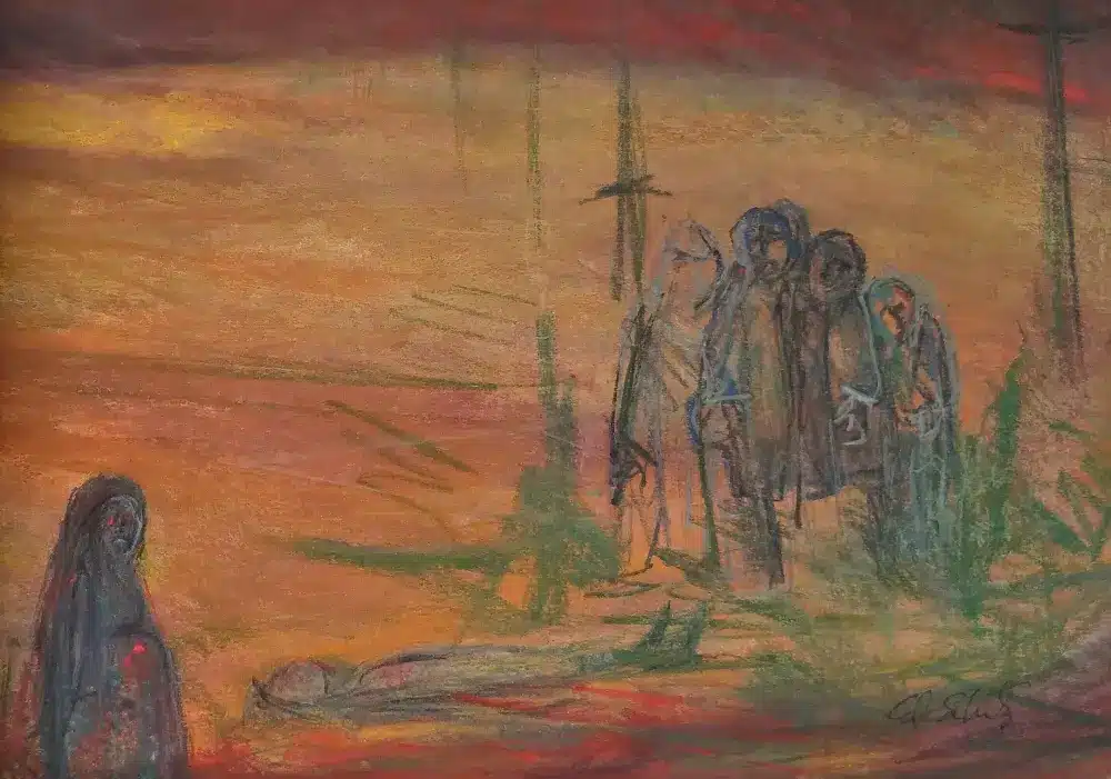 Syrian Civil War Painting Titled Standing Over The Dead by Jewish Israeli Artist Ednah Schwartz
